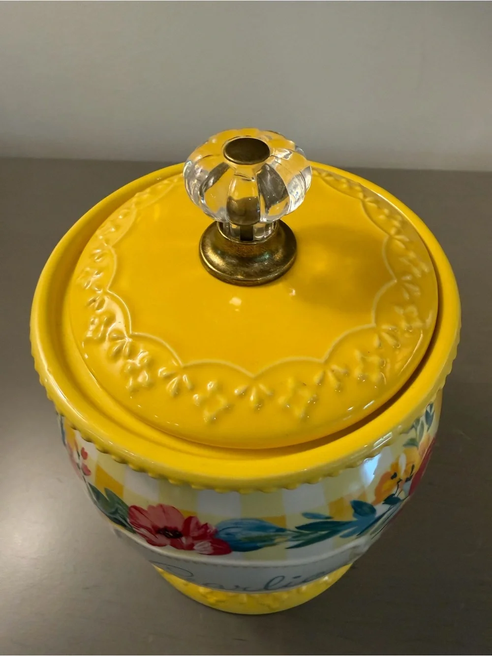 Pioneer Woman Sweet Romance Garlic Keeper Clear Knob Lid Ceramic Yellow Kitchen